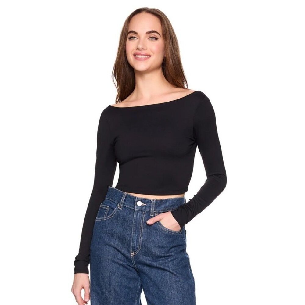 Anthropologie  Black Scoop Back Crop Top Stretch Moto, Citi Small/Medium - Picture 3 of 8